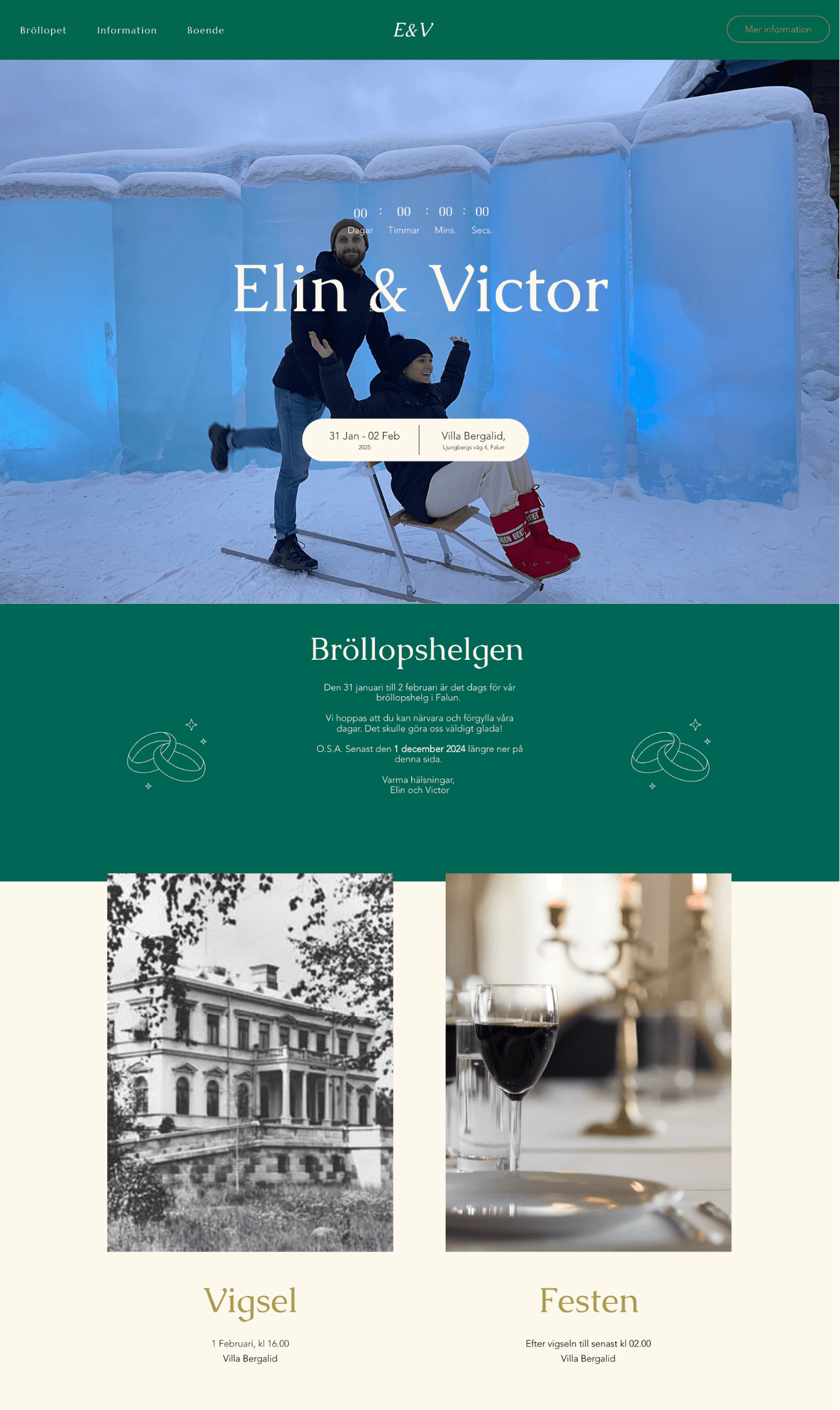 Bröllopshemsidans startsida, bröllopshelgen och vigsel/festen