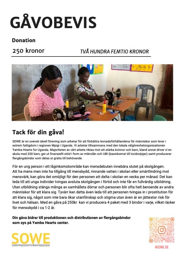 Gåvobevis — 250 kr sanitary pads